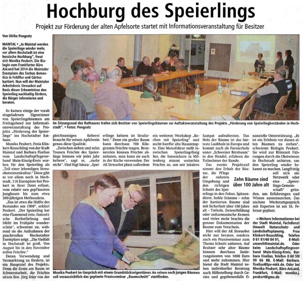 Presseartikel „Hochburg des Speierlings“, erschienen am 06.02.2018 im Maintal Tagesanzeiger