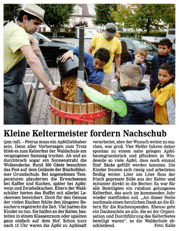 Zeitungsartikel „Kleine Keltermeister fordern Nachschub“ erschienen im Maintal Tagesanzeiger