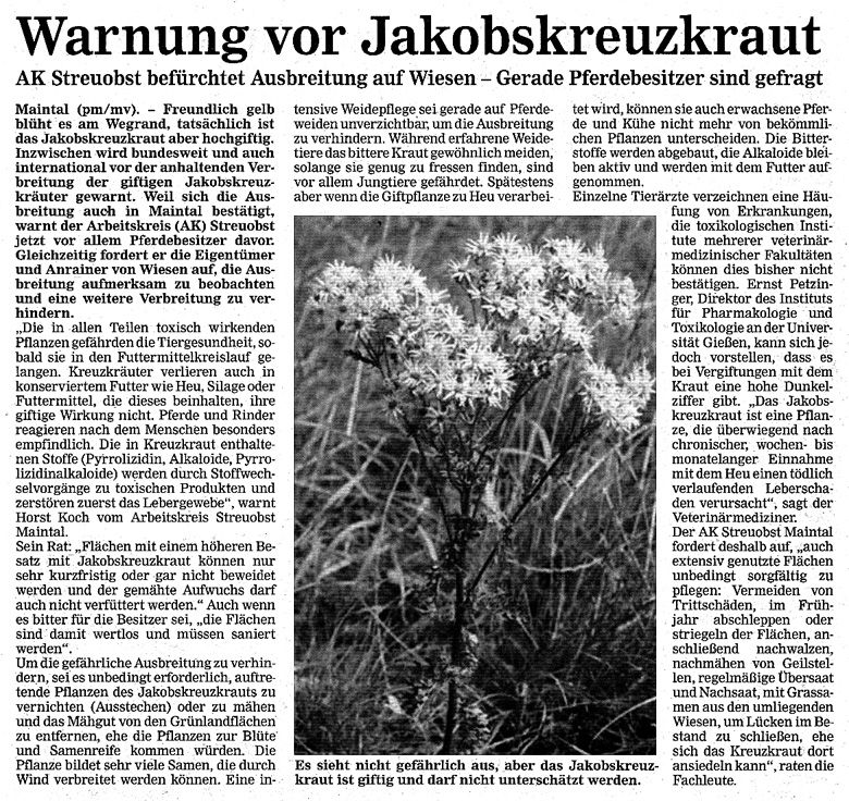 Zeitungsartikel „Warnung vor Jakobskreuzkraut“, erschienen am 04.09.2013 im Maintal Tagesanzeiger